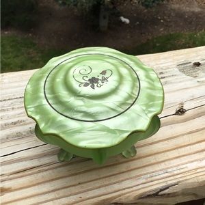 Vintage frosted green vanity covered jar...glass bottom and celluoid top
